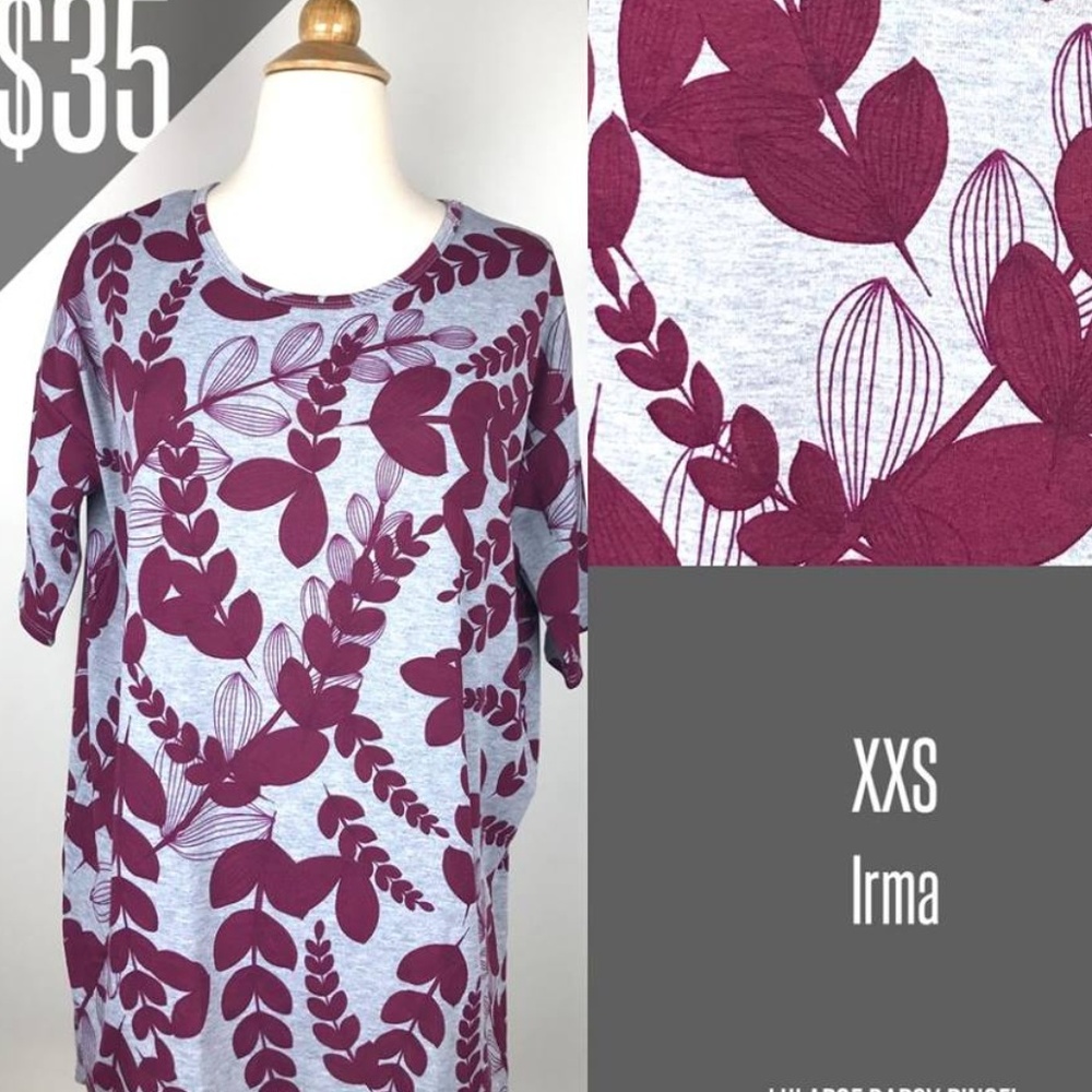NEW LuLaRoe Irma Tunic Top XXS Burgundy Floral